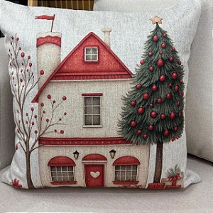 CAPA DE ALMOFADA LINHO CASA COM ARVORE NATAL 45x45CM