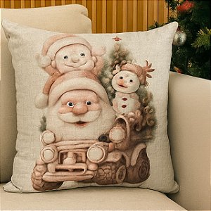 CAPA DE ALMOFADA LINHO PAPAI NOEL NO JIPE ROSE 45x45