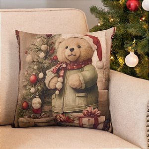 CAPA DE ALMOFADA LINHO ARVORE URSO DE NATAL 45x45 CM