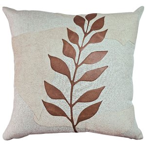 CAPA DE ALMOFADA LINHO COM APLICACAO COURO MARROM 45x45CM