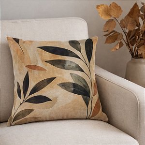 CAPA DE ALMOFADA LINHO FOLHAS RAMOS VERDE TERRACOTA 45X45CM