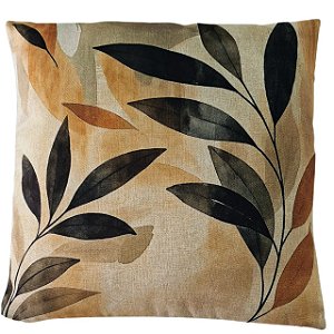 CAPA DE ALMOFADA LINHO FOLHAS RAMOS VERDE TERRACOTA 45X45CM