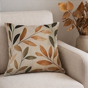CAPA DE ALMOFADA LINHO FOLHAS RAMOS VERDE TERRACOTA 45X45CM