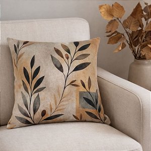 CAPA DE ALMOFADA LINHO FOLHAS RAMOS VERDE TERRACOTA 45X45CM