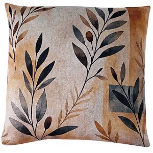 CAPA DE ALMOFADA LINHO FOLHAS RAMOS VERDE TERRACOTA 45X45CM