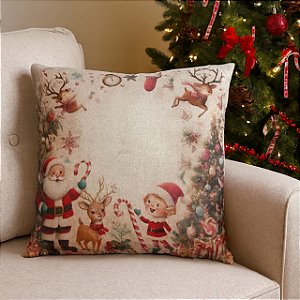 CAPA DE ALMOFADA LINHO PAPAI NOEL COM DUENDE 45x45CM