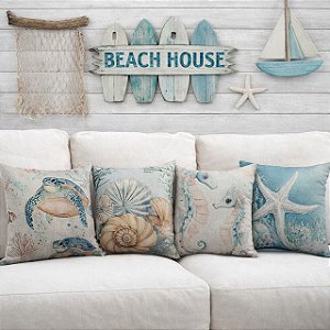 CAPA ALMOFADA LINHOE ESTAMPADA TEMA DO MAR 45X45CM