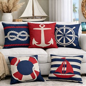 KIT 06 CAPAS ALMOFADA LINHO AZUL VERMELHO MAR 45X45CM