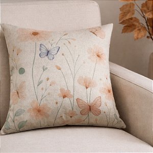 CAPA DE ALMOFADA LINHO FLORAL BORBOLETA ROXA 45X45 CM