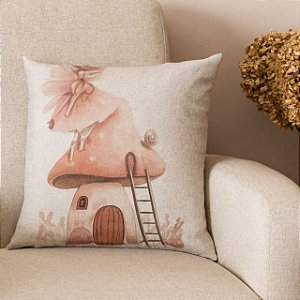 CAPA DE ALMOFADA LINHO FADA COM COGUMELO ROSE 45X45CM