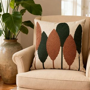 CAPA DE ALMOFADA LINHO FOLHAS VERDE TERRACOTA 45X45CM