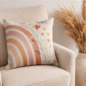 CAPA DE ALMOFADA LINHO FLORAL BORBOLETA ROSE E ROXA 45X45 CM
