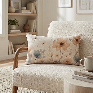 CAPA ALMOFADA LINHO BAGUETE FLORAL BEGE E AZUL 30x50 CM