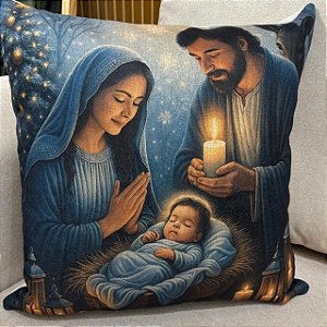 CAPA DE ALMOFADA LINHO SAGRADA FAMILIA NATAL AZUL 45x45 CM