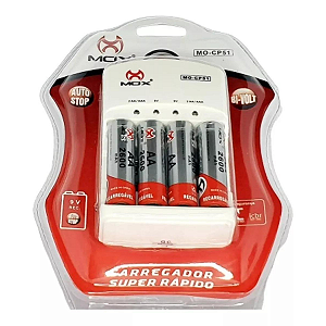 Kit 4 pilhas AA 2600 mah + Carregador Auto Stop Mox