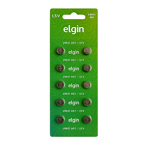 Cartela com 10 Baterias Alcalinas 1,5V AG1 / LR621 Elgin – Tipo Botão