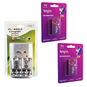 Kit 2 Baterias Recarregável 9v Elgin 250mah + Carregador Aa/aaa/9v Auto Stop