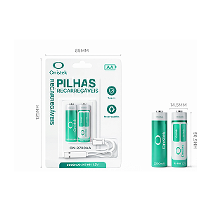 02 Pilhas Normal Aa Recarregável 1500 Mah 1,5v 2200 Mwh Tipo-c Onistek