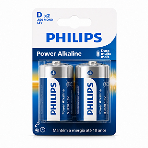 02 Pilhas Bateria D Philips Power Alkaline Lr20 Grande