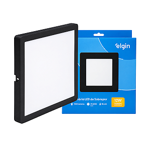 Luminária Plafon Preto LED Sobrepor Quadrada 12w 3000K Branca Morna Bivolt Elgin