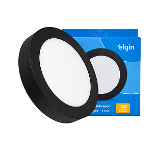 Luminária Plafon Preto LED Sobrepor Redonda 12w 3000K Branca Morna Bivolt Elgin