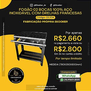 Fogão 02 Bocas 100% Aço Inoxidável com Grelhas Francesas