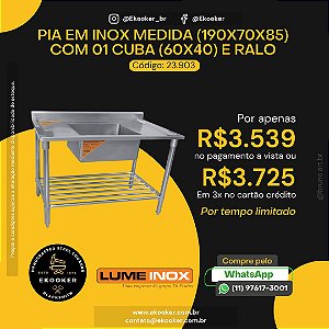 Pia em Inox (190x70x85) com 1 Cuba (60x40) e ralo - LumeInox
