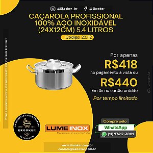 Caçarola Profissional 100% Aço Inoxidável (24x12cm) 5.4 litros
