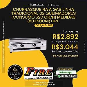 Churrasqueira a Gás Linha Tradicional 2 Queimadores (Consumo 320 GR/H) (80X50 CM) Fire