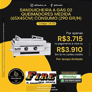 Sanduicheira a Gas 2 Queimadores (65x45cm) Consumo 290 GR/H FIRE