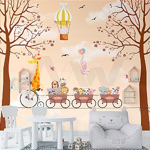 Papel de parede Adesivo  - Girafa com animais bebês na corda bamba e fundo bege