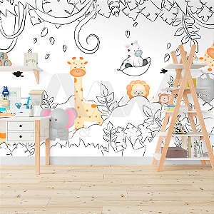 Papel de parede Adesivo - Safari com animais coloridos em floresta em preto e branco