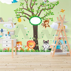 Papel de parede - Safari com animais e árvore marrom com folhas verdes caindo sob fundo verde com borboletas