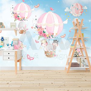 Papel de parede - Safari com animais no balão rosa e nuvens brancas com fundo azul e borboletas