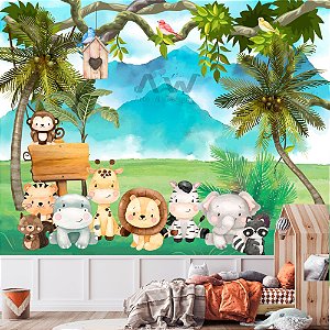 Papel de parede Adesivo - Safari infantil com animais na grama e montanha azul ao fundo