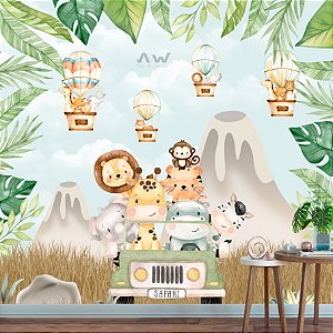 Papel de parede Adesivo - Safari Savana com animais em um gipe, com vulcões em um fundo azul
