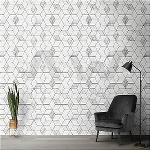 Papel de Parede Adesivo - Geométrico Marmore com Linhas Douradas