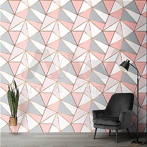 Papel de parede - Geométrico zara cinza com rosa e linhas douradas
