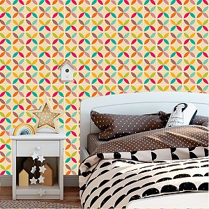 Papel de parede - Folhas coloridas de 4 pontas dentro de quadrado amarelo claro