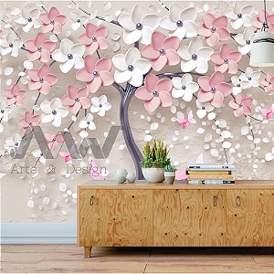 Papel de Parede Adesivo - Arvore de flores rosas e brancas de caule prata