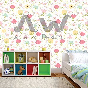 Papel de Parede - Flores grandes e pequenas nas cores rosa, amarela, verde com fundo branco