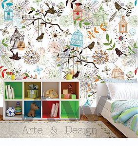 Papel de Parede - Pássaros, galhos, gaiolas, flores em fundo branco rabiscado