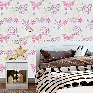 Papel de Parede - Flores lilas e rosa pink com borboletas em fundo rosa claro em detalhes de silhuetas