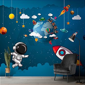 Papel de Parede Adesivo - Astronauta flutuando no espaço com foguetes