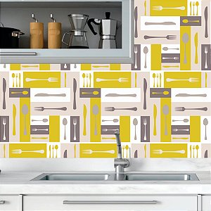 Papel de Parede - Talheres em tons de cinza dentro de retangulos branco, bege, marrom e amarelo