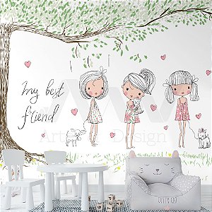 Papel de Parede - Meninas brincando debaixo da arvore com cahorros