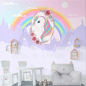 Papel de parede - Unicórnio dentro de um circulo de rosas com fundo arco-iris e nuvens