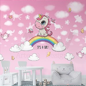 Papel de parede - Unicornio bebê em cima de um arco-iris cercado de animais feito por nuvens no fundo rosa