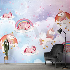 Papel de parede - Unicornios dormindo nas nuvens com arco-iris  sobre um ceus de estrelas rosas