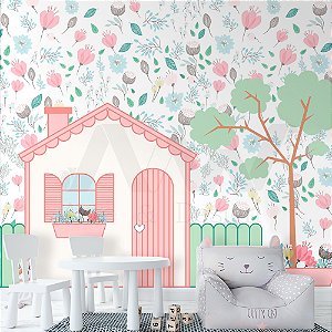 Papel de Parede Adesivo - Casinha branca e rosa com cercado verde e fundo floral